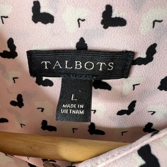Talbots Blouse Womens Size Large Pink & Black Butterfly Bird Pintuck Peter Pan - Picture 2 of 16